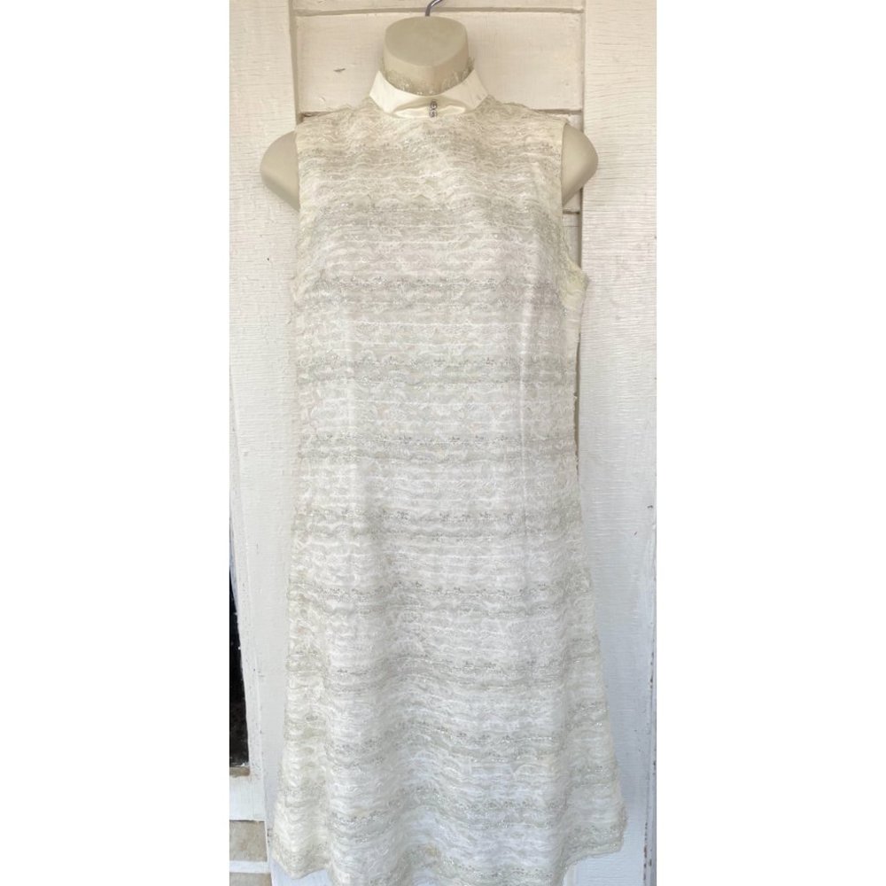 Vintage 1960s Lace Silver metallic Rhinestone Mini Dress S/M